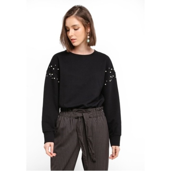 Mango Casual Black Message Sweatshirt w/Pearls XS - Picture 3 of 8